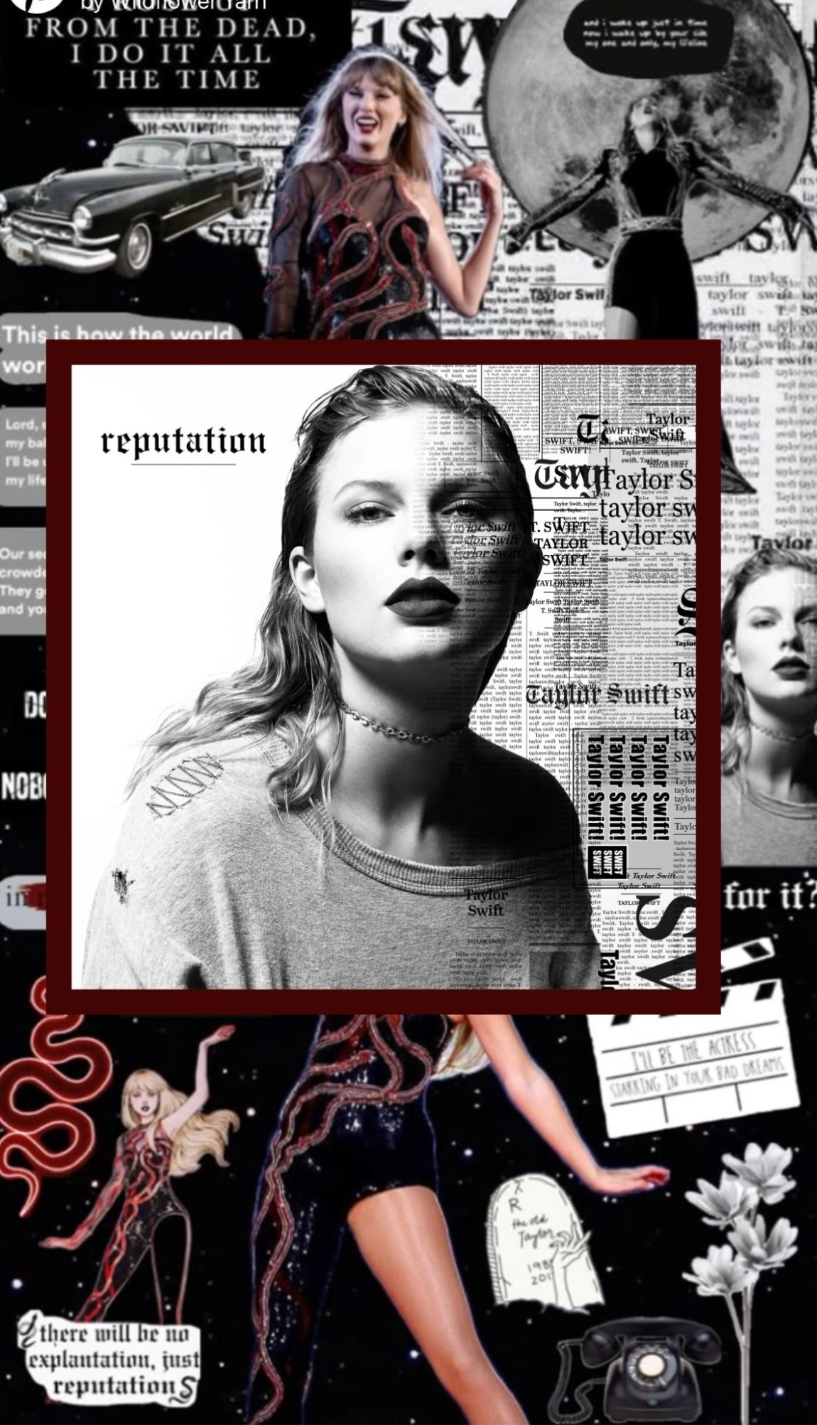 Collage of Taylor Swift with various elements from her 'Reputation' album cover.
