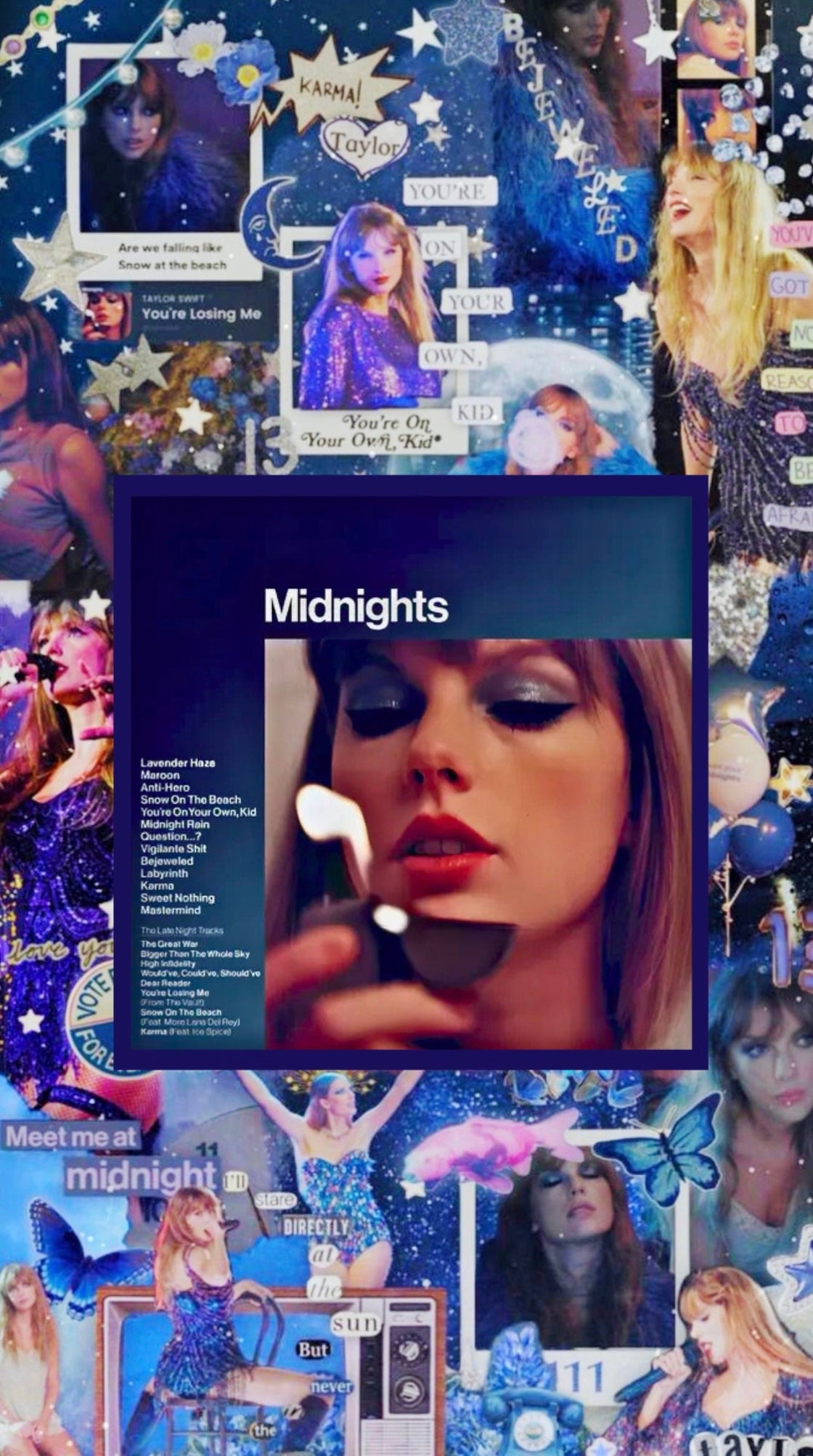 Collage of album cover for 'Midnights' by Taylor Swift with starry night design and text.