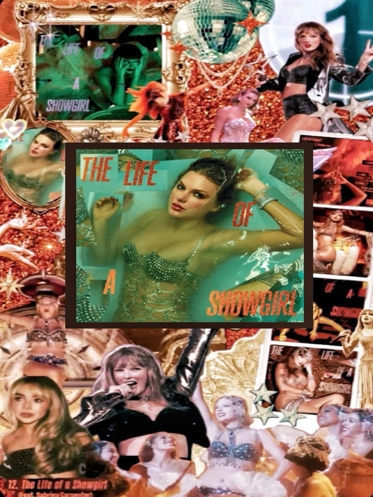 Collage of images featuring a showgirl with text 'The Life of a Showgirl'.