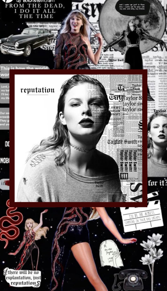Collage of Taylor Swift with various elements from her 'Reputation' album cover.